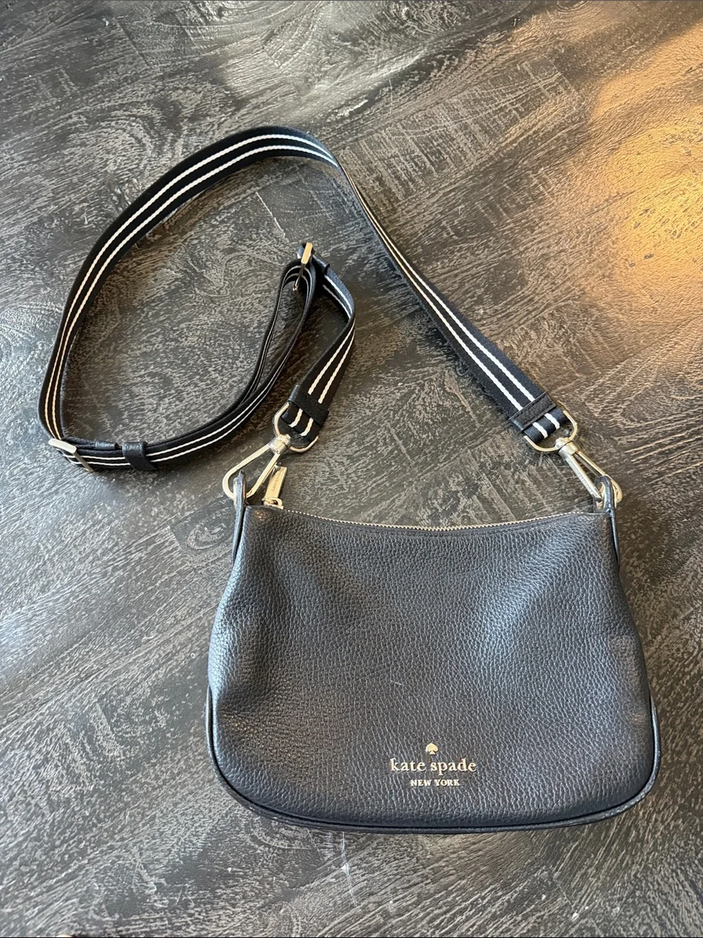 kate spade Black Pebbled Leather Crossbody with Striped Adjustable Strap